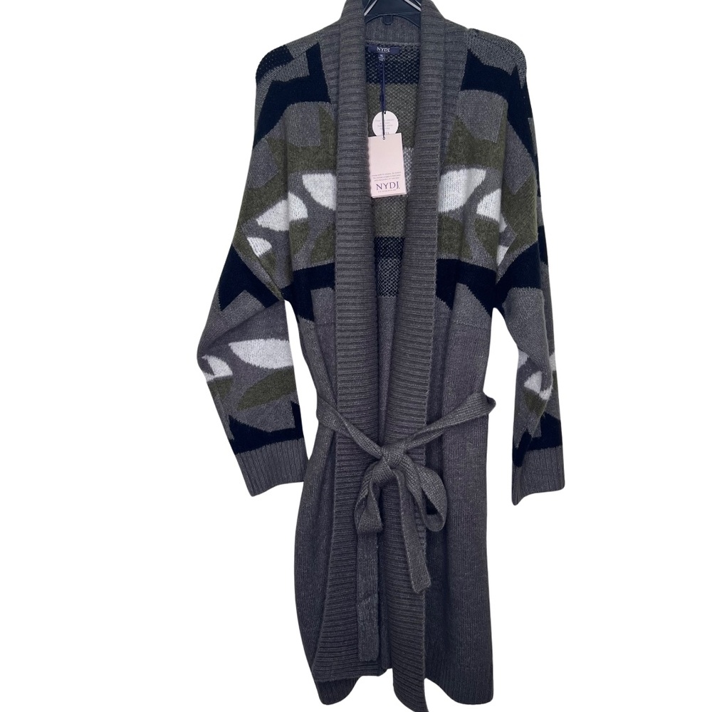 NWT NYDJ Fair Isle Cardigan Sweater XL Grey Coatigan Long Open Belted Camo Coat